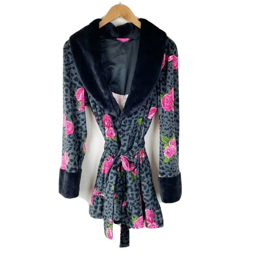 BETSEY JOHNSON Black Pink Plush ROBE CHEETAH - Picture 1 of 8